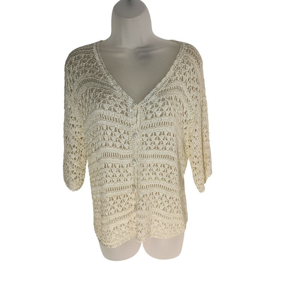 vintage 90's Y2K cream sheer crochet‎ open knit cottagecore feminine M Sweater